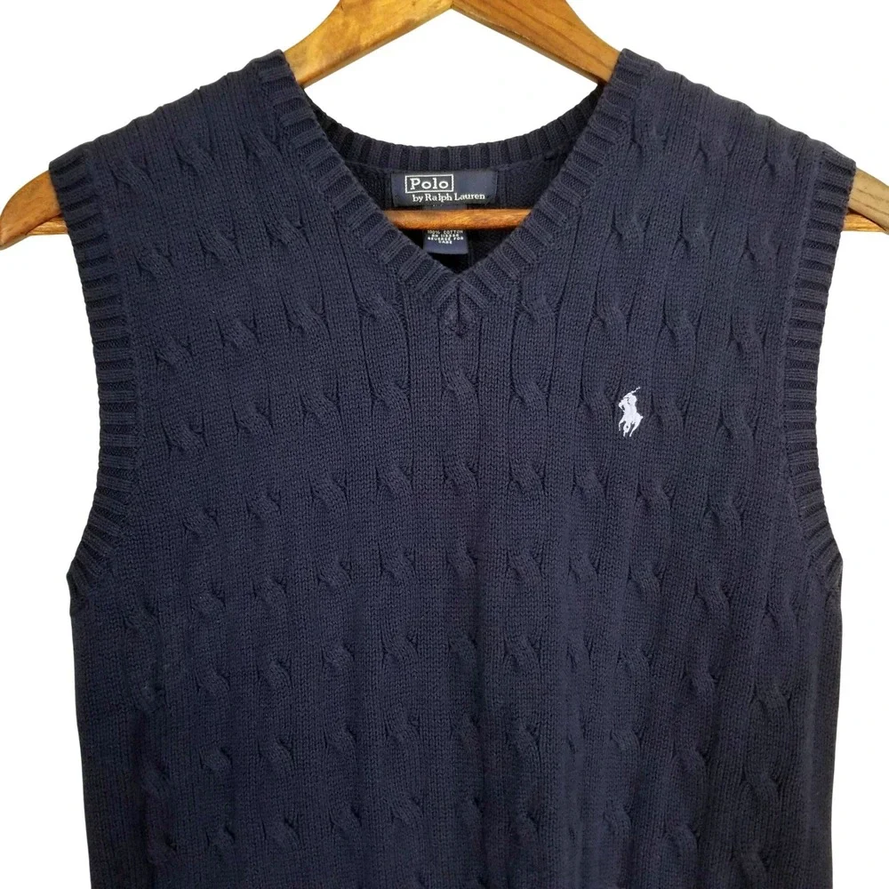 Polo Ralph Lauren Cable-Knit Cotton V-Neck Sweater Vest Navy Men M Preppy Japan